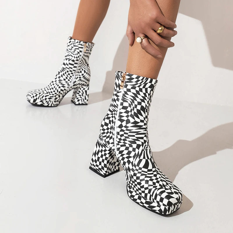 Checkerboard Pattern Square Toe Boots