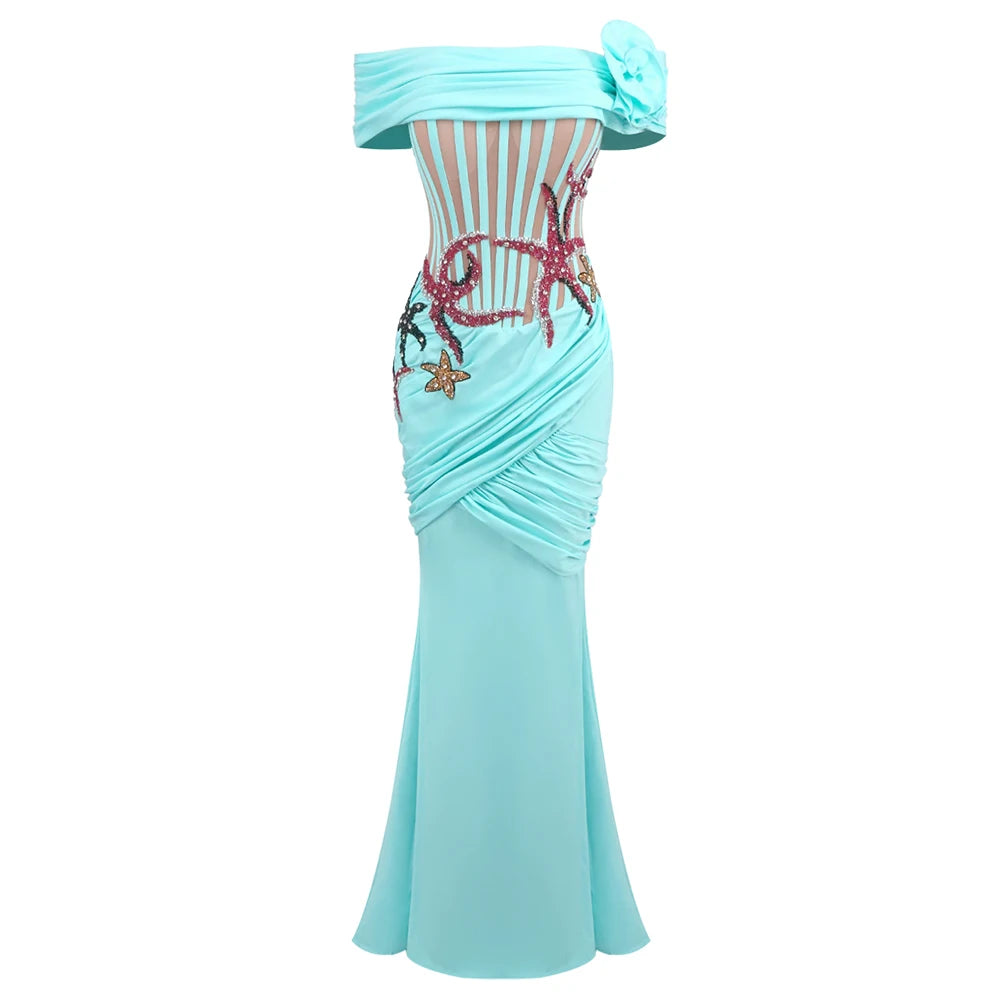 Mesh Mermaid Long Dress Pleated Structured Flower Crystals Starfish Fishbone Dress