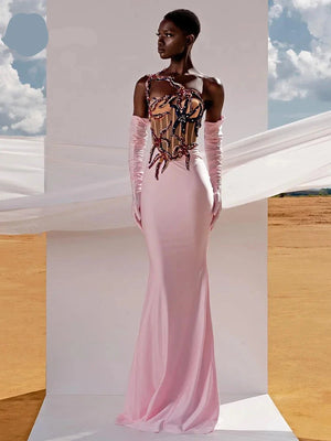 Diamonds Sequins Pink Maxi Long Dress