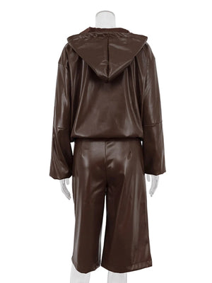 Leather Pant Set Solid Brown Outfits