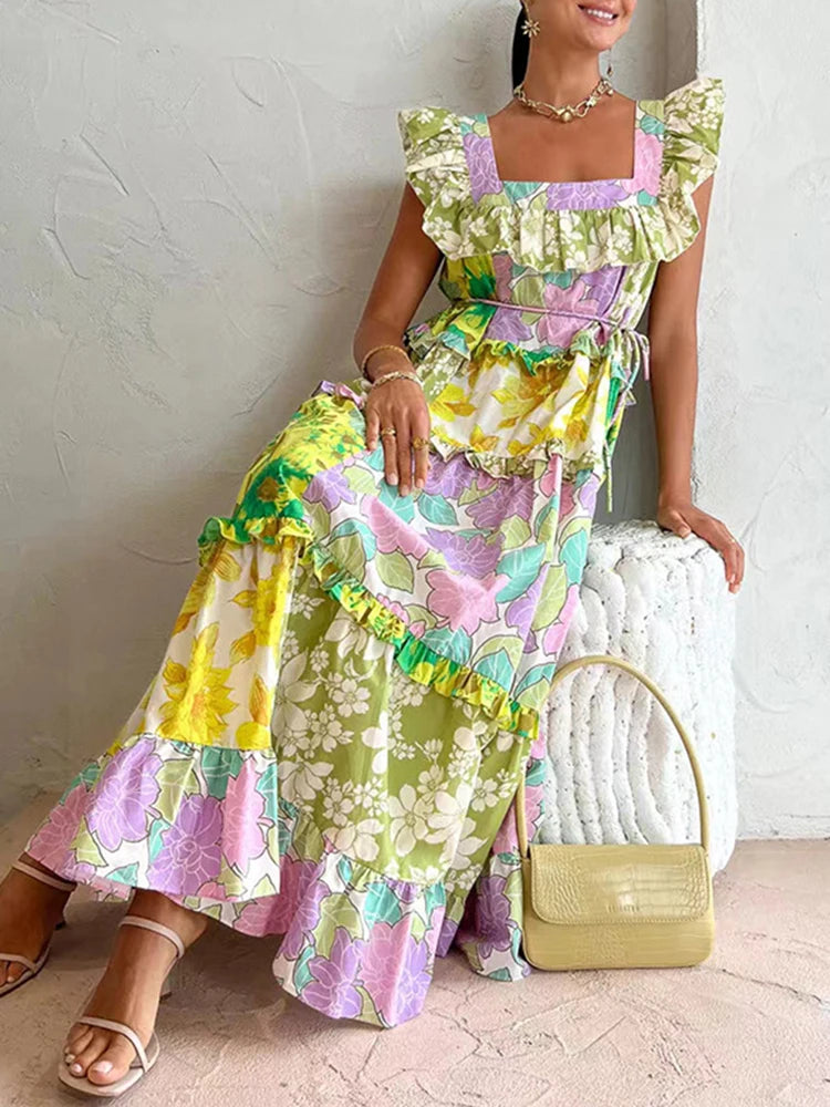 Trendy Ruched Hemline Design Printed Long Dresses