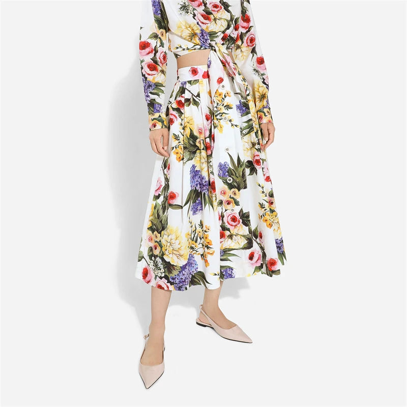 High Quality Floral Print Pleated Skirt