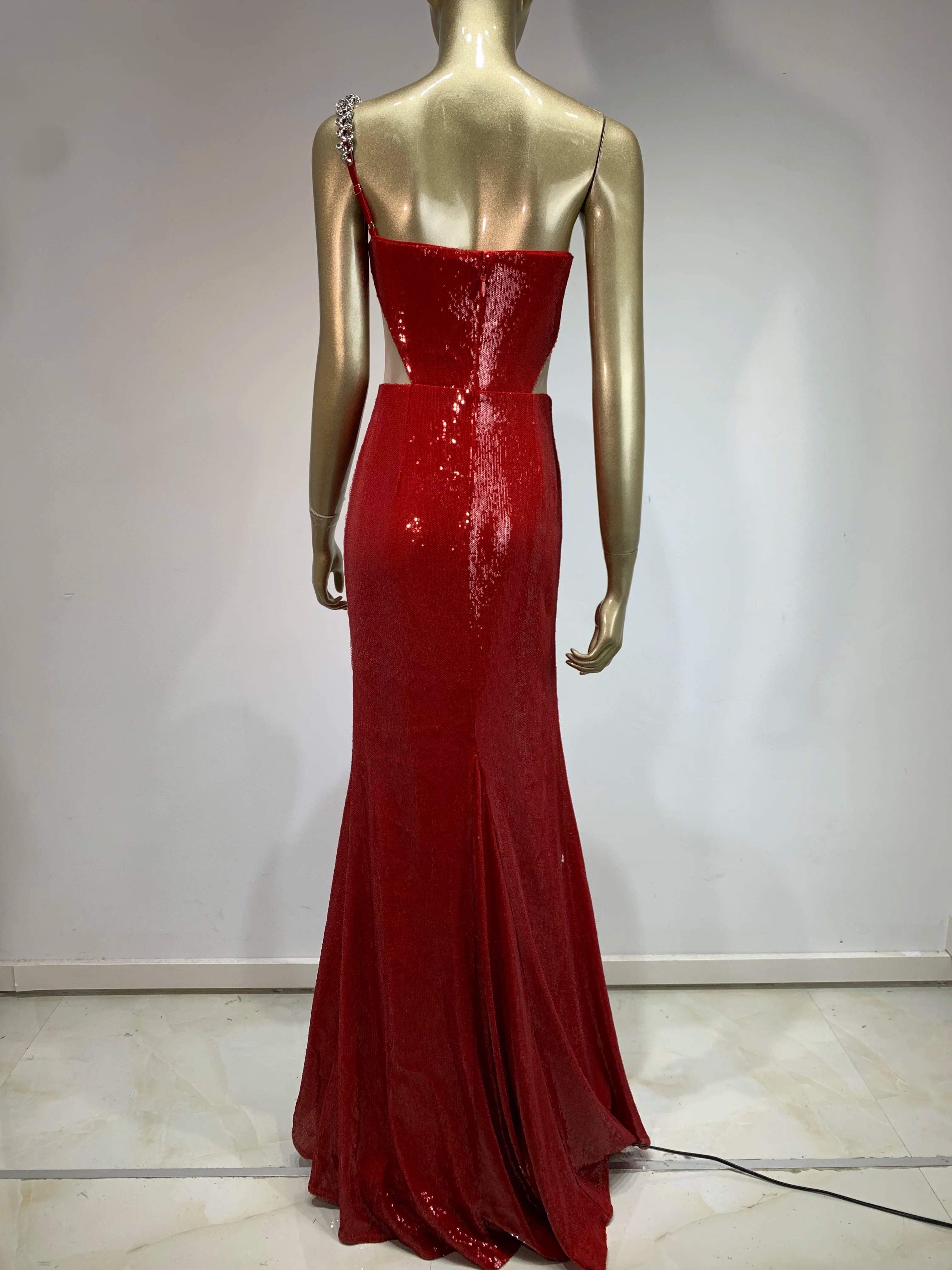 One Shoulder Cut Out Red Mesh Sequins Red Celebrity Dress