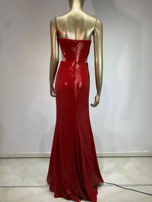 One Shoulder Cut Out Red Mesh Sequins Red Celebrity Dress