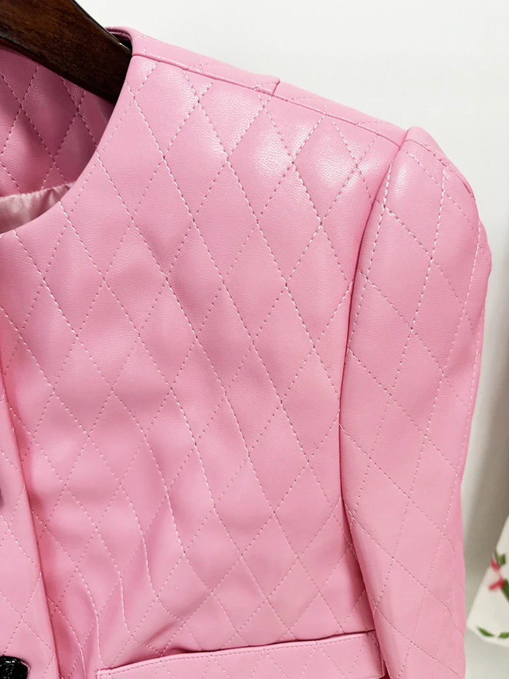 Pink Diamond Quilted Short Leather Jacket Leather Mini Skirt