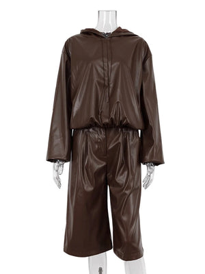 Leather Pant Set Solid Brown Outfits