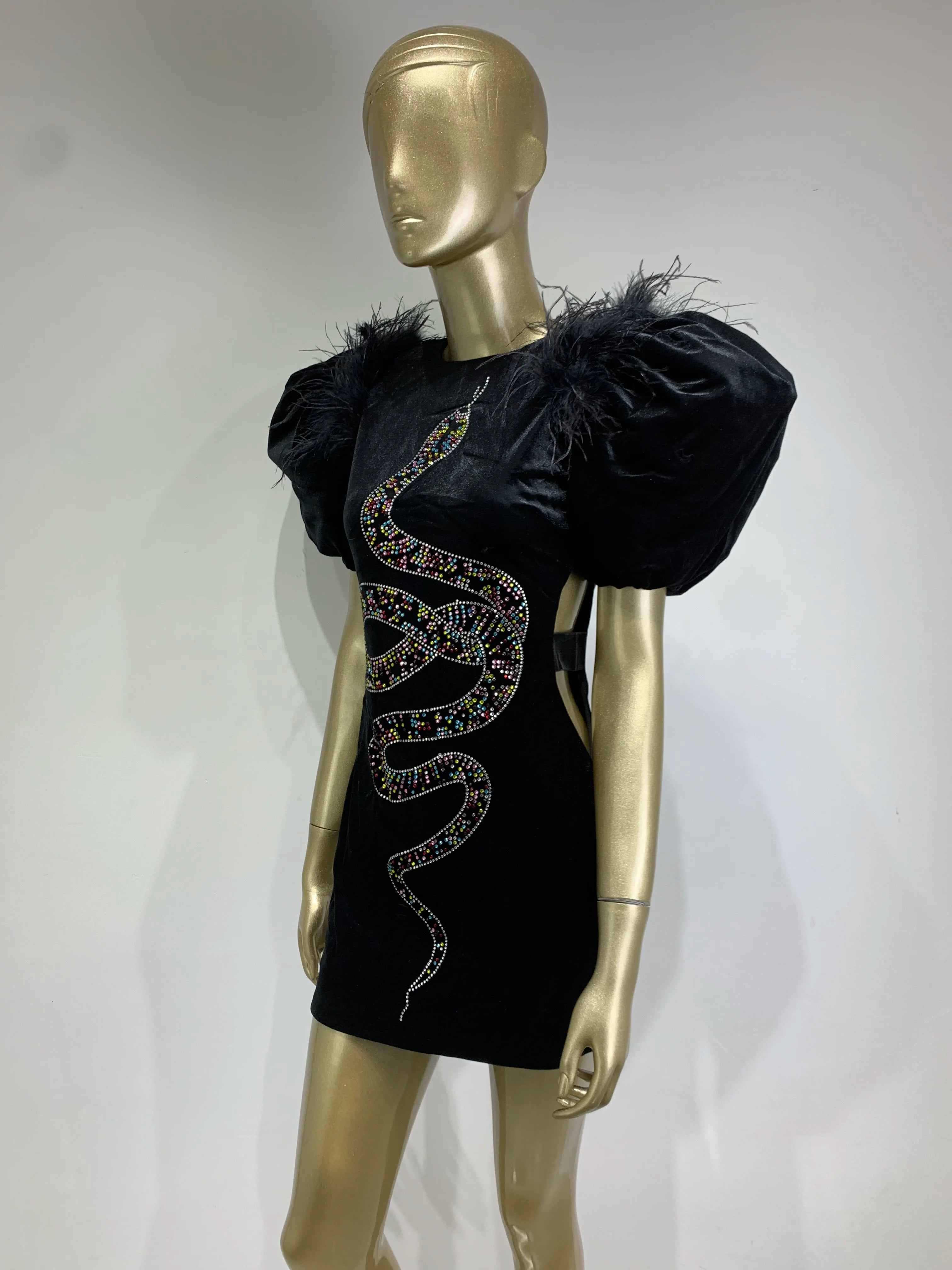 Runway Puff Sleeve Snake Crystal Diamonds Velvet Black Mini Dress