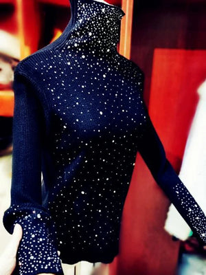 Luxury Style Sparking Diamonds Black Turtleneck Sweater