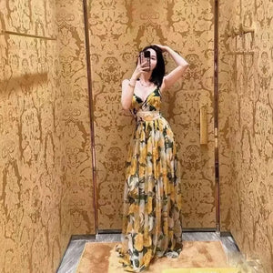 Runway Elegant Summer Yellow Rose Flower Print Long Dress