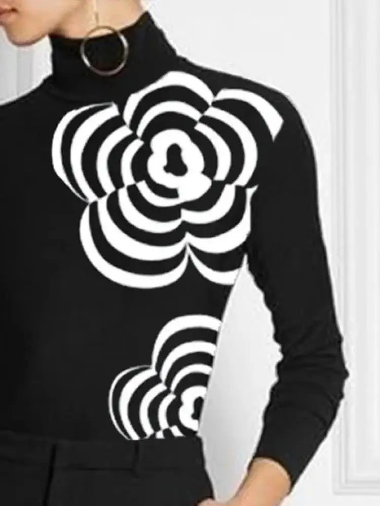 T-shirt Black White Floral Printed Slim Fit Pullover