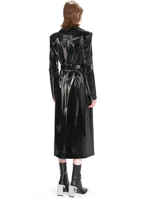 Long Black Waterproof Reflective Patent Leather Trench Coat