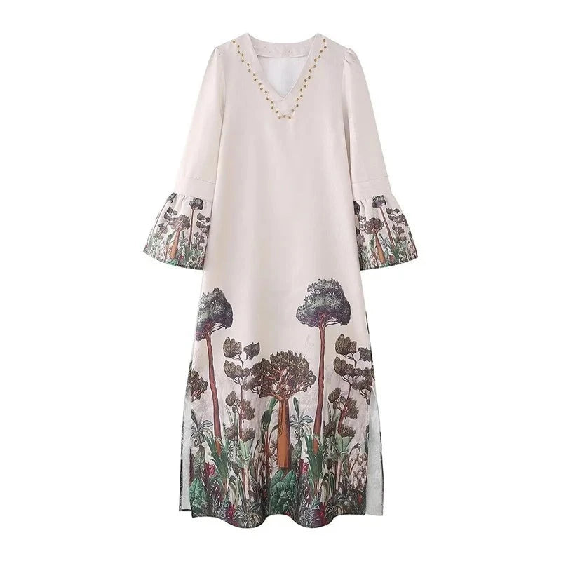 Spring Flared Sleeves Side Split Loose Dress