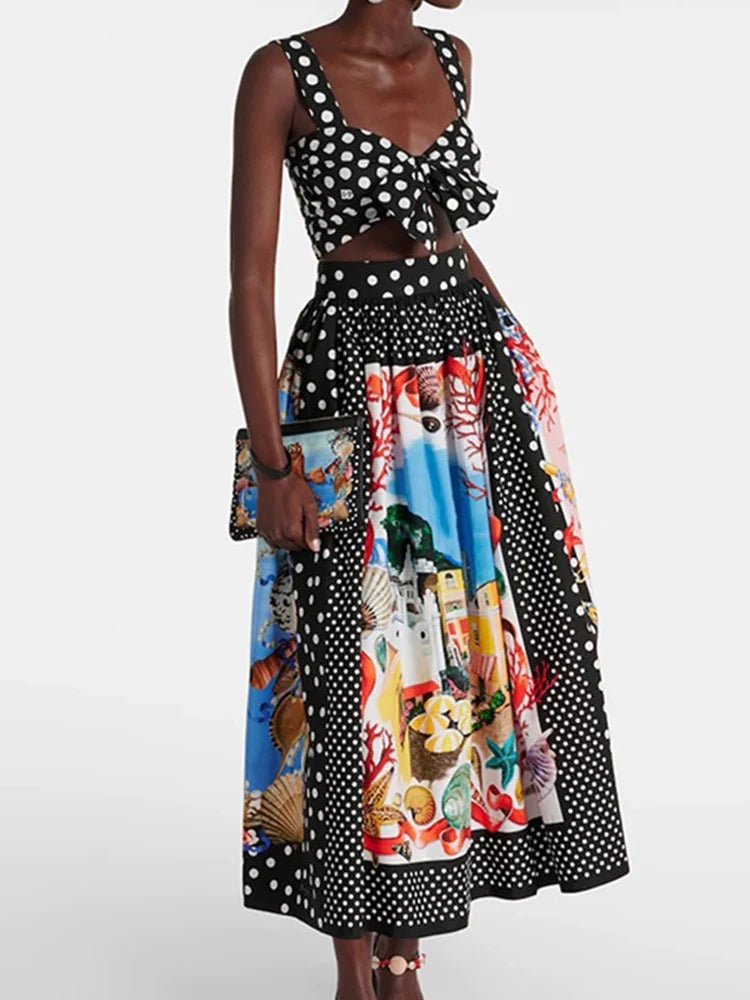 Retro Polka-dot Top+high waist and big A-shaped Skirt