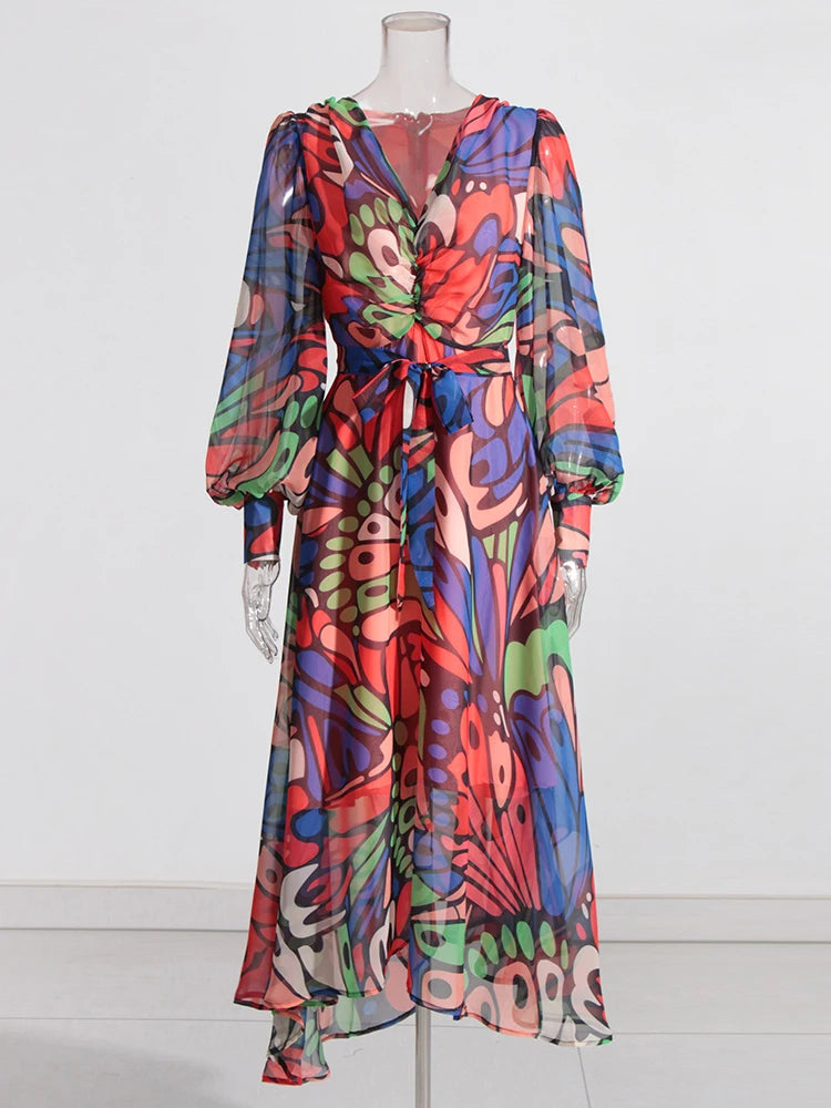 Ruched Print Long Dress