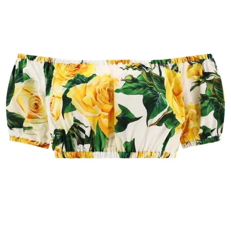 Poplin Yellow Rose Printed Spaghetti Strap Top+Poplin High-Waisted Half Skirt 2-Piece Set