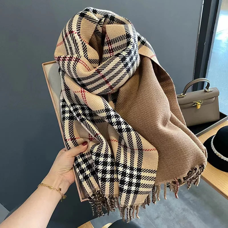 British Plaid Double Sided Thickened Imitation Cashmere Fringe Scarf