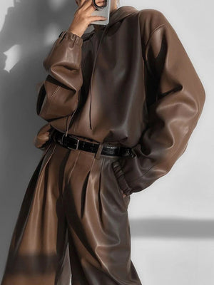 Leather Pant Set Solid Brown Outfits