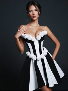 Strapless Black White Flower A Line Mini Bodycon Bandage Dress