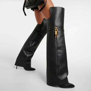 Over Knee Boots Pointed Toep Shark Lock Fold Boots