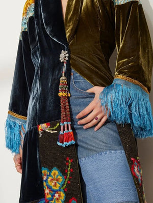 Ethnic Pattern Print Patchwork Velvet Shawl Square Collar Tassel Long Sleeve Coat