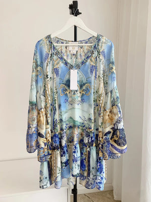 Flower Printed Beaded Full Sleeve 100% Silk Mini Dress