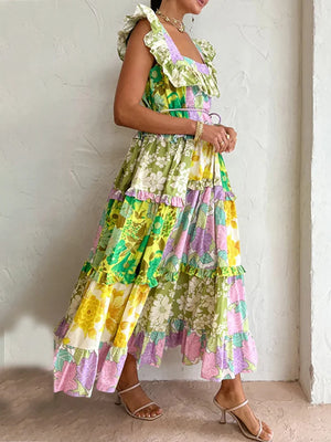 Trendy Ruched Hemline Design Printed Long Dresses