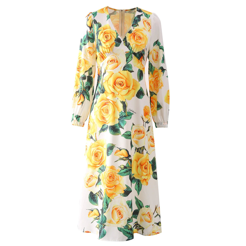 Yellow Rose Flower Print Elegant Dress