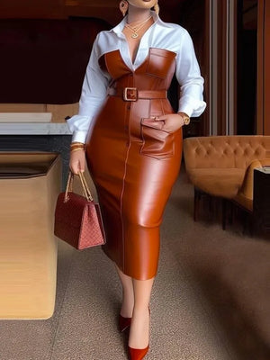 Shirt PU Skirt Patchwork Pocket Skinny Belted Lapel Female Midi Dress