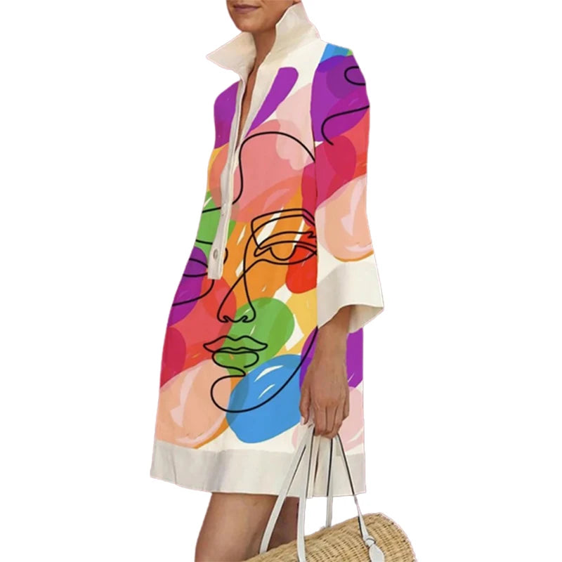 Contrast Color Figure Printed Lapel Shirt Dress