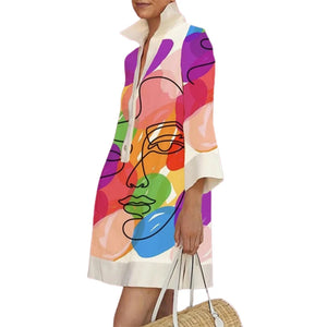 Contrast Color Figure Printed Lapel Shirt Dress