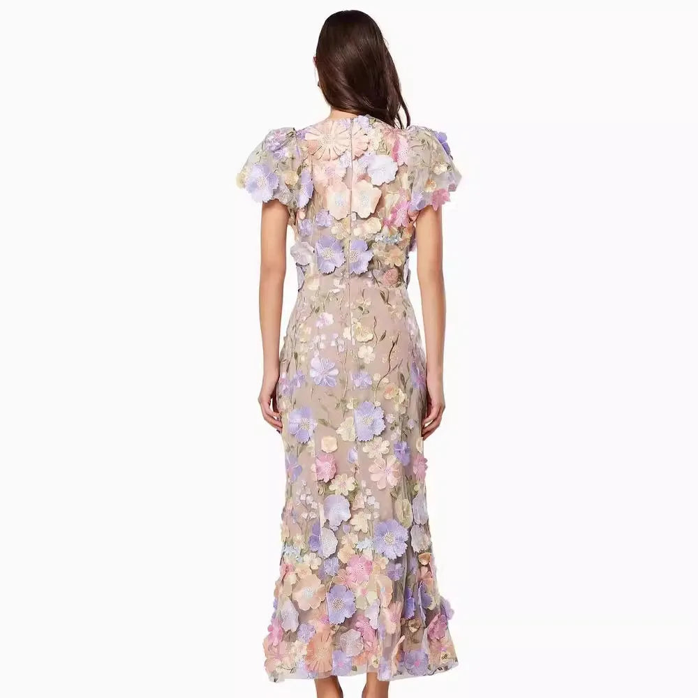 Light Luxury Round Neck Embroidered Mesh Lace 3D Flower Dress