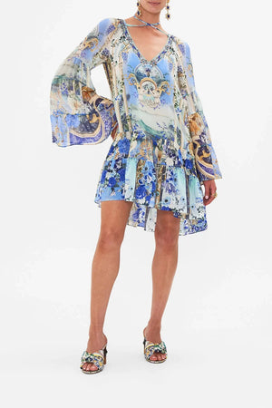 Flower Printed Beaded Full Sleeve 100% Silk Mini Dress