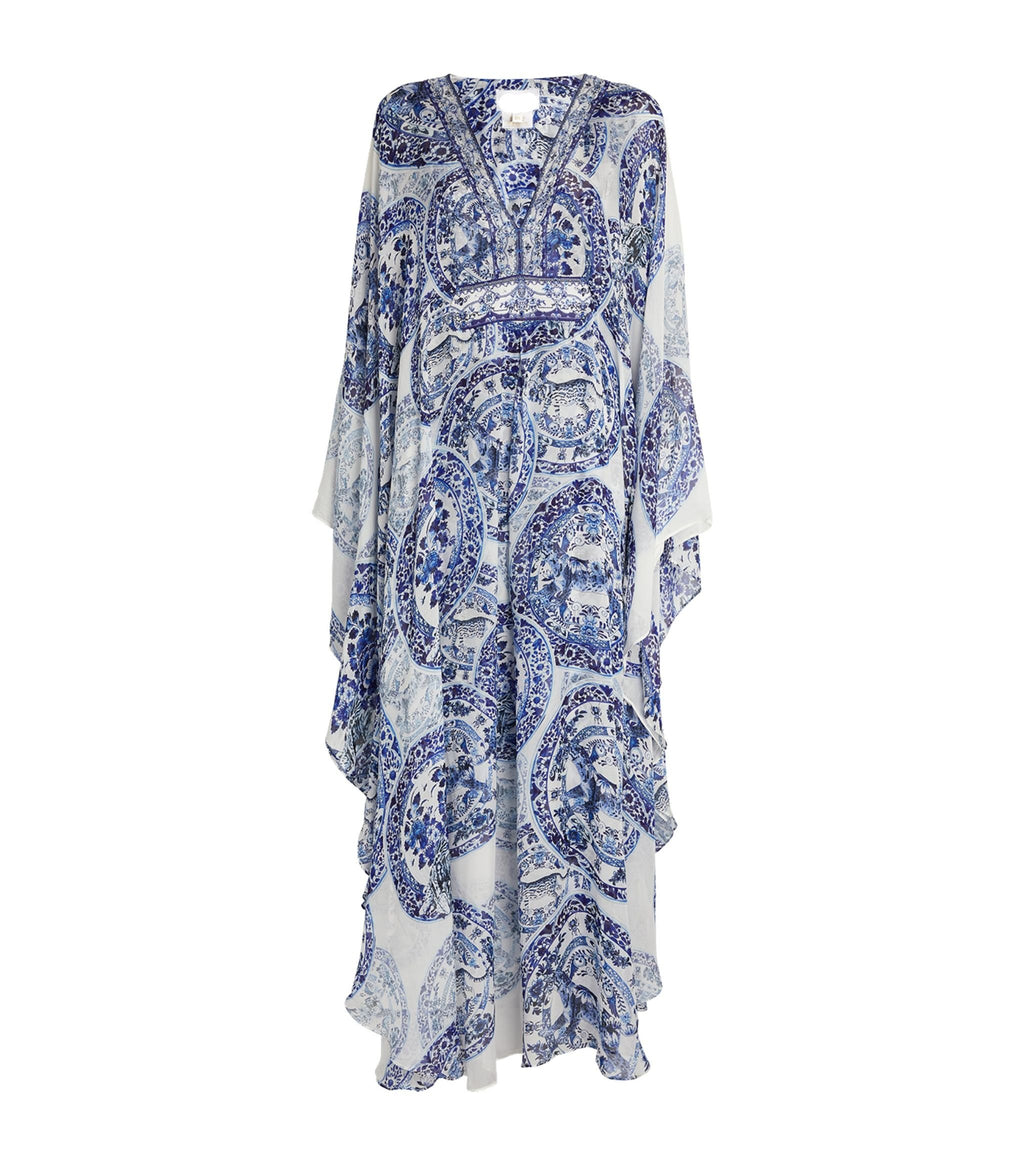 Crystal Beaded Big Flare Sleeve Blue and White Porcelain Printing Loose Silk Dress