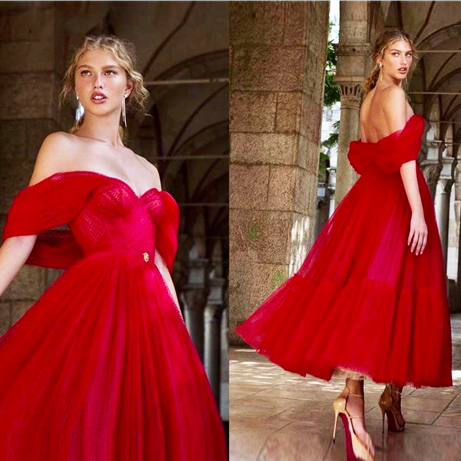 Ankle Length Red Off the Shoulder Evening Dress