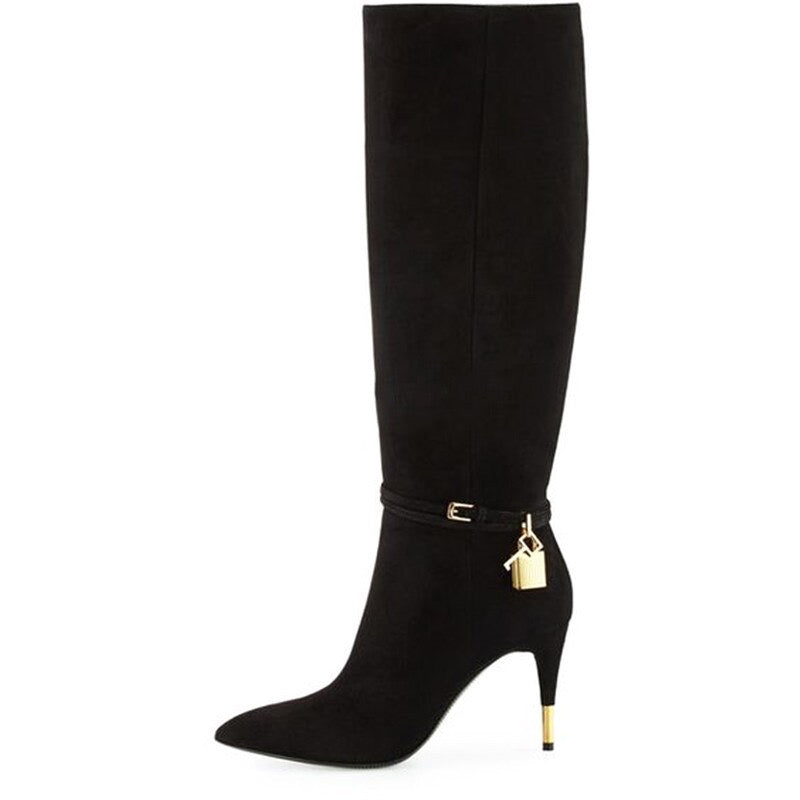 Black Suede Knee High Gold Lock Strap Boot