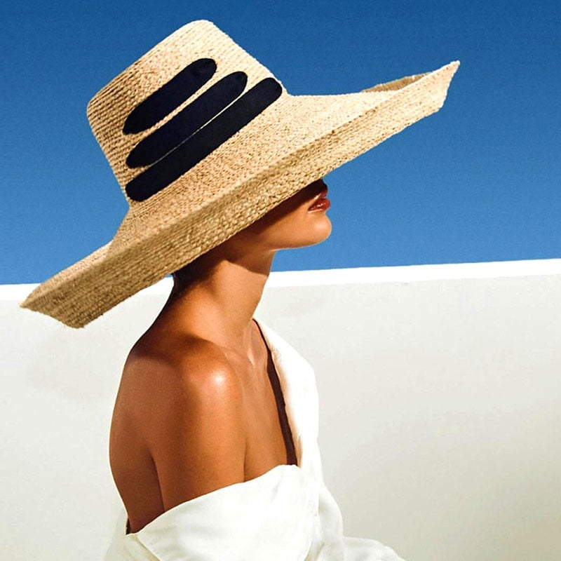 Black Bandage Ribbon Raffia Straw Hat