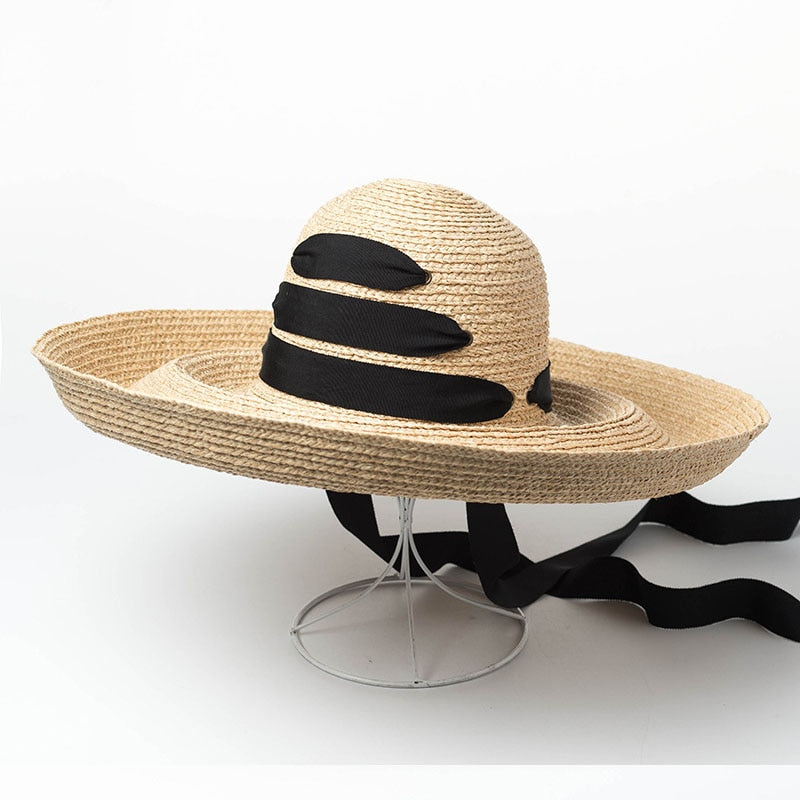 Black Bandage Ribbon Raffia Straw Hat