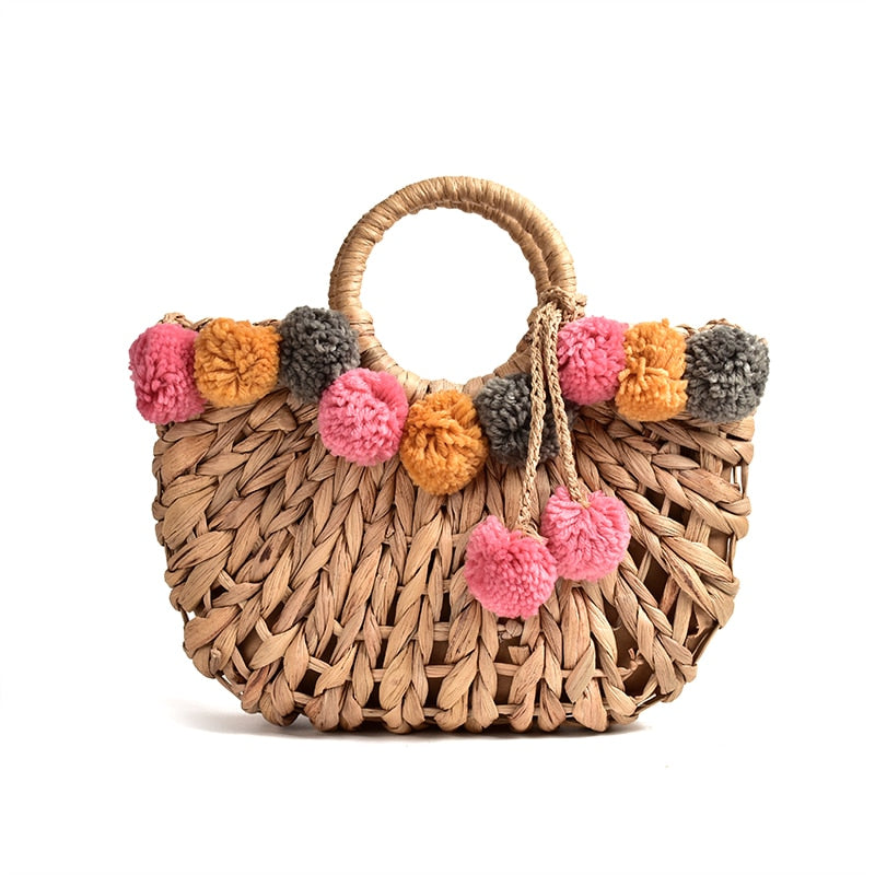 Hand Woven Hollow Straw Color Balls Bag