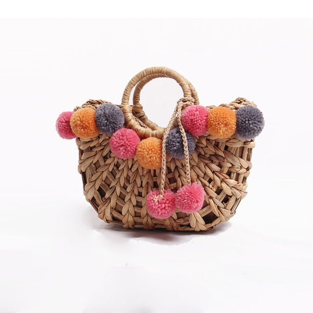 Hand Woven Hollow Straw Color Balls Bag