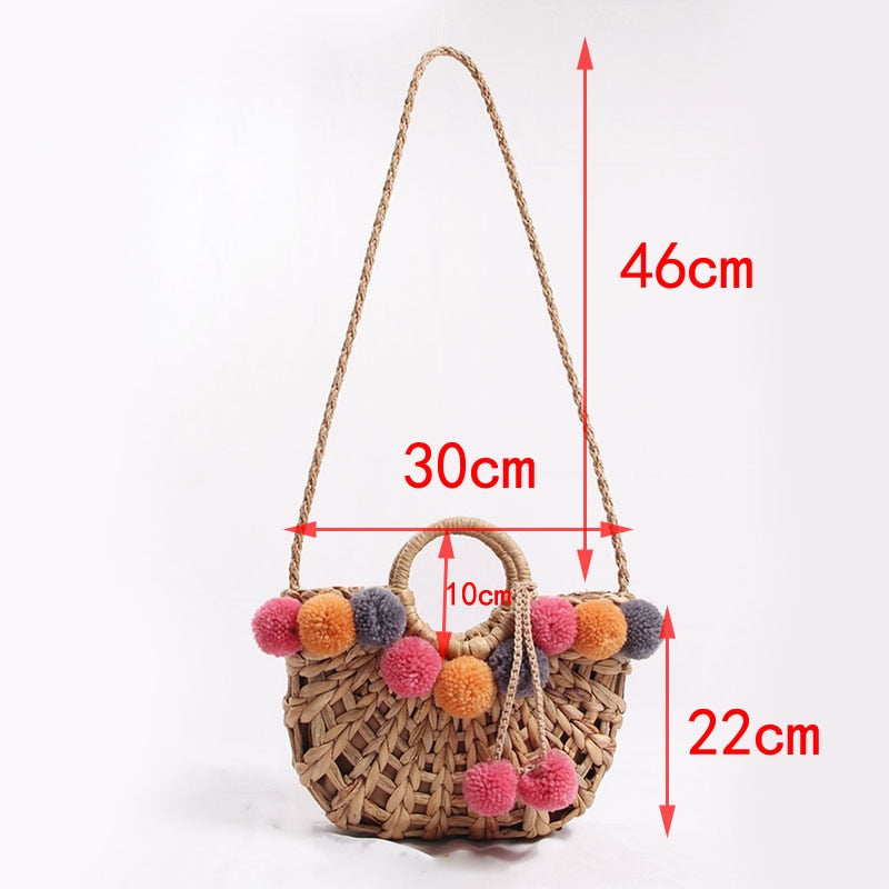 Hand Woven Hollow Straw Color Balls Bag