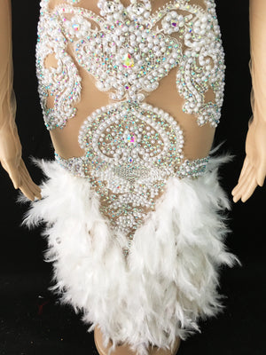 See through Stone Pearls White Feather Dress