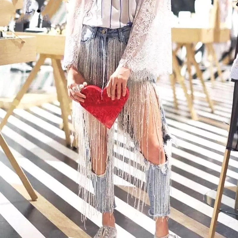 Designer Handmade Beading Tassel Ripped Jeans