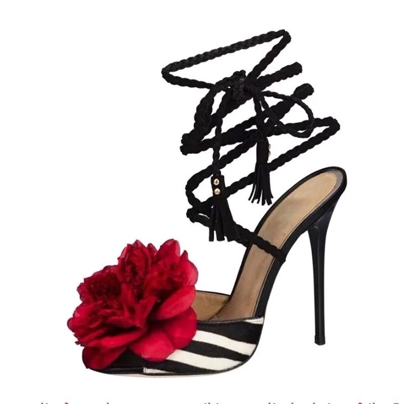 White & Black Zebra Stripe Big Red Flower Sandal