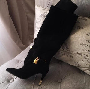 Black Suede Knee High Gold Lock Strap Boot