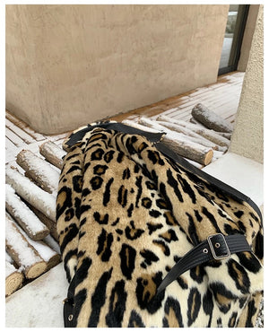 Long Leopard Print Warm Fluffy Faux Fur Trench Coat