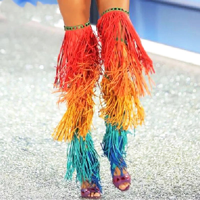 Rainbow Fringe Over The Knee Gladiator Open Toe Platform Boot