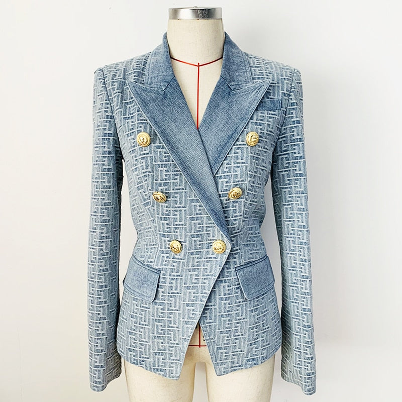 High Quality  Designer Double Breasted Lion Buttons Geometric Denim Blazer