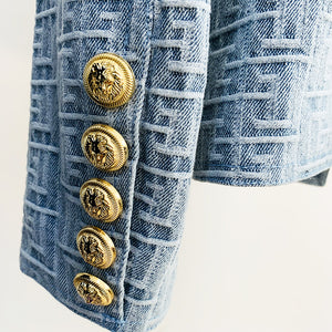 High Quality  Designer Double Breasted Lion Buttons Geometric Denim Blazer