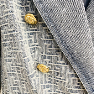 High Quality  Designer Double Breasted Lion Buttons Geometric Denim Blazer