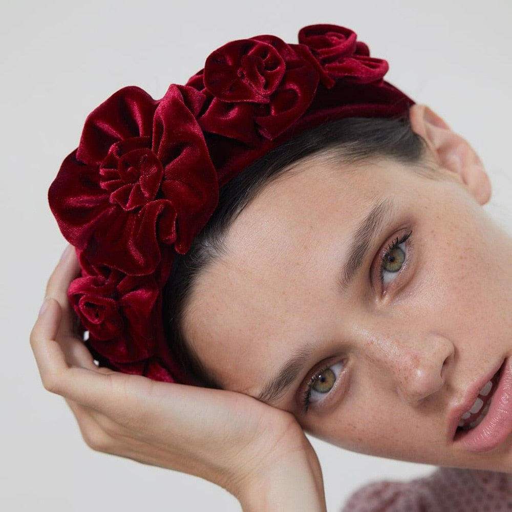 Big Rose Red Flower Velvet Headband